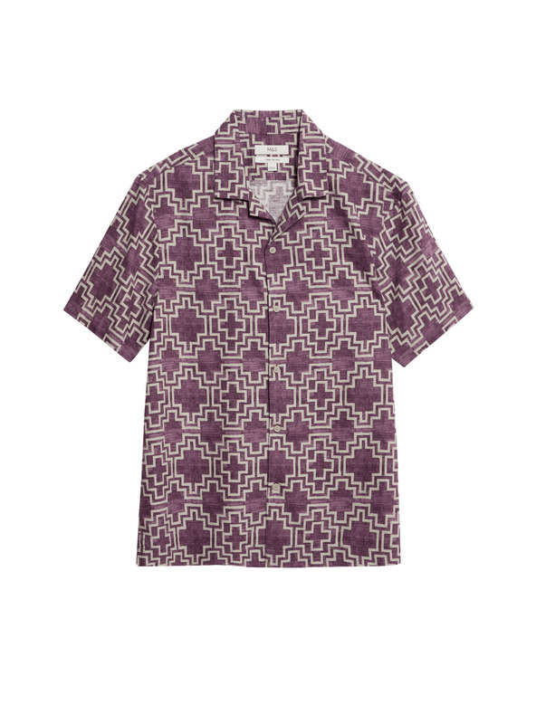 Marks & Spencer Srajca iz mešanice lanu, s kratkimi rokavi in geometrijskim tiskom Marks & Spencer rdeča