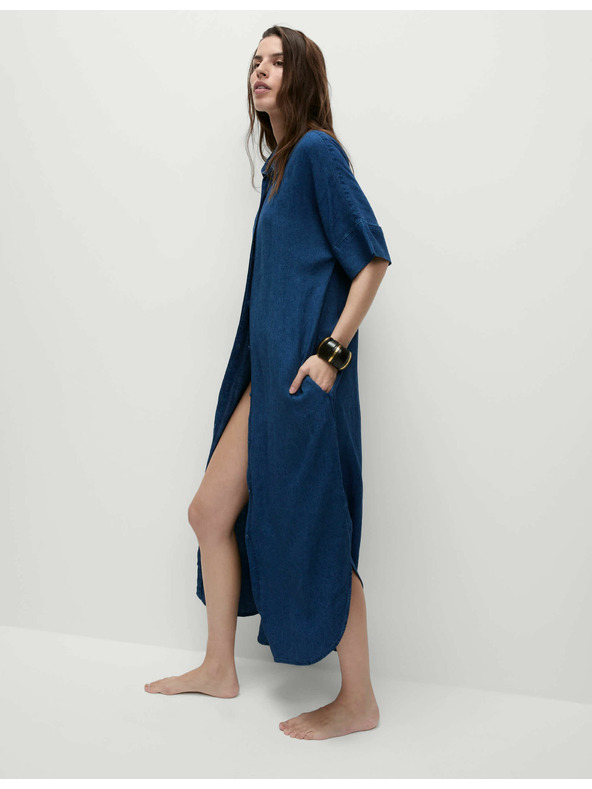 Marks & Spencer Srajčne midi obleke z ovratnikom z visokim deležem lanu Marks & Spencer mornarsko modra