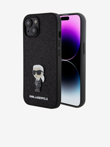 Karl Lagerfeld Karl Lagerfeld Fiksni bleščeči kovinski Ikonik Zadnji pokrov za iPhone 15 Black