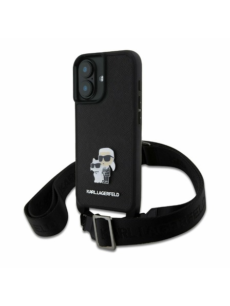 Karl Lagerfeld Karl Lagerfeld Saffiano Prečni Trak Metal Karl and Choupette Zadnji Pokrov za iPhone 16 Plus Black