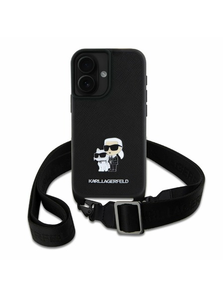 Karl Lagerfeld Karl Lagerfeld Saffiano Prečni Trak Metal Karl and Choupette Zadnji Pokrov za iPhone 16 Plus Black