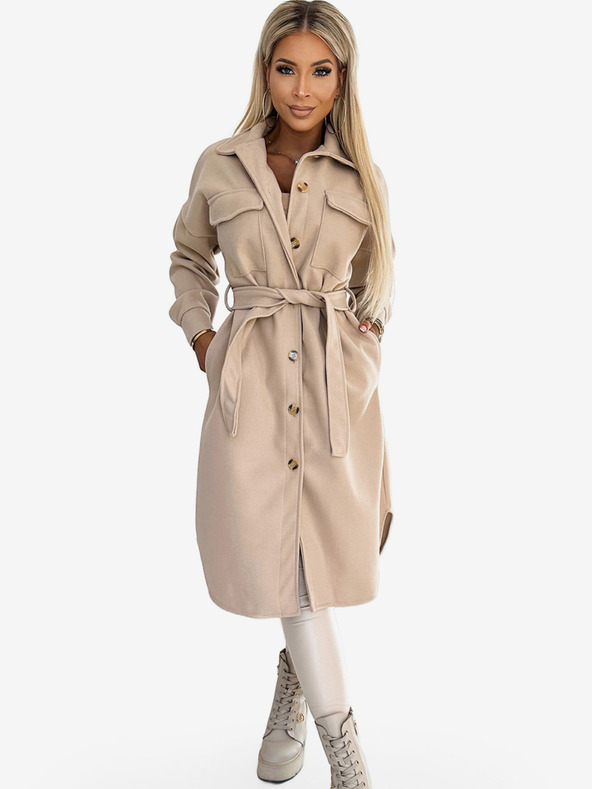 numoco Bež ženski topel plašč z žepi, gumbi in pasom Numoco