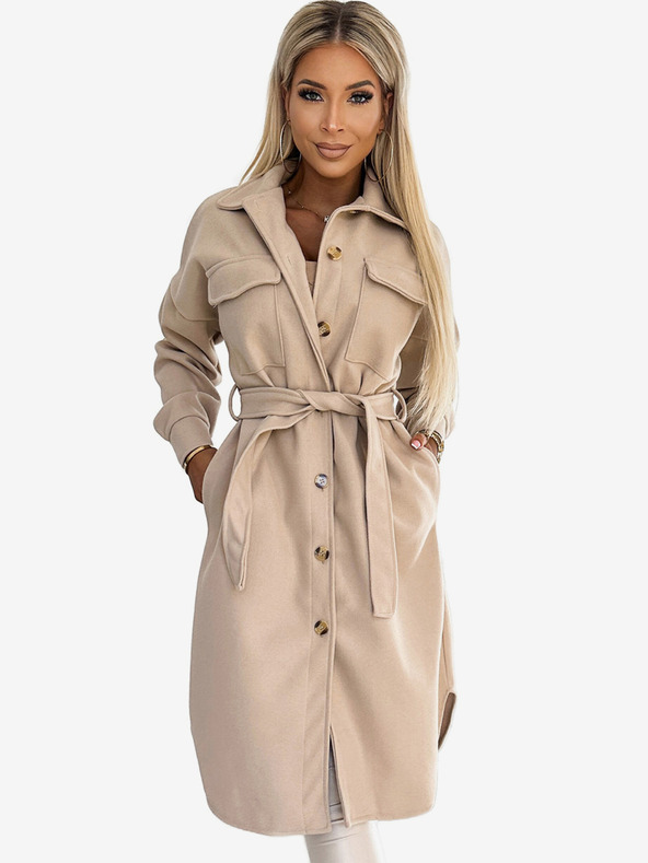 numoco Bež ženski topel plašč z žepi, gumbi in pasom Numoco