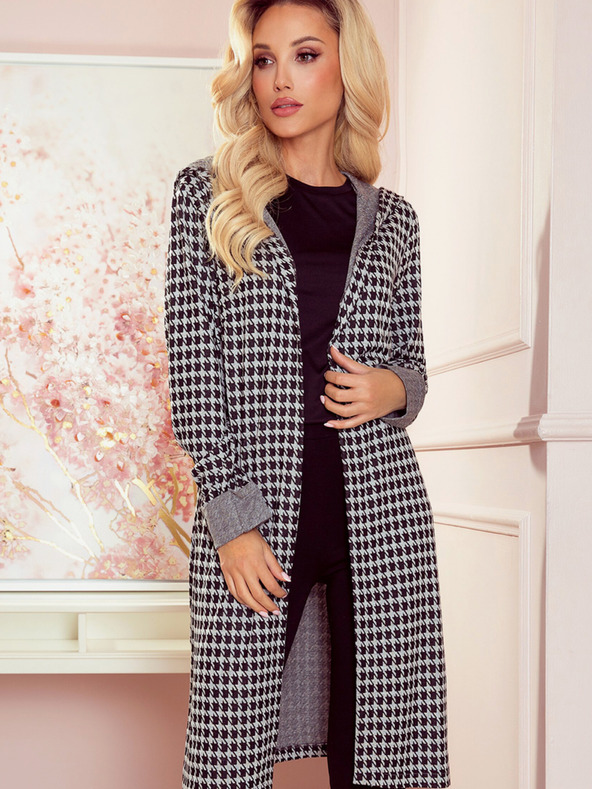 numoco Numoco Sivo-črn ženski karirast plašč s kapuco in žepi