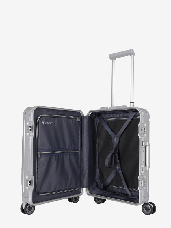 Travelite Potovalni kovček Travelite Next 4w S s sprednjim žepom v srebrni barvi