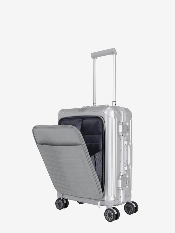 Travelite Potovalni kovček Travelite Next 4w S s sprednjim žepom v srebrni barvi