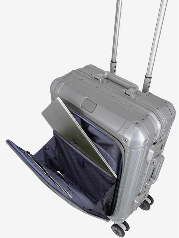 Travelite Potovalni kovček Travelite Next 4w S s sprednjim žepom v srebrni barvi