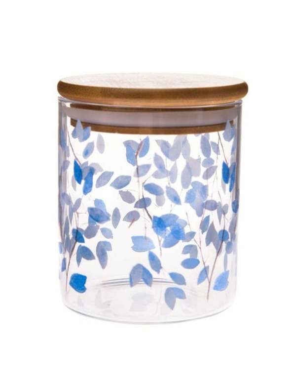 Casa de Engel Steklena posoda z bambusovim pokrovom - modre rože, 440ml, 4/48