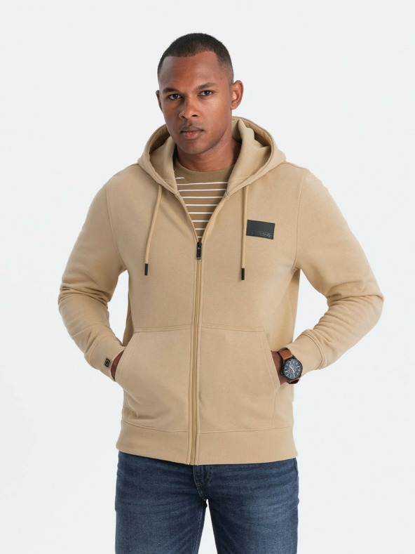 Ombre Clothing Moška jopa z kapuco in našitkom - peščena V2 OM-SSZP-0140 Ombre Clothing