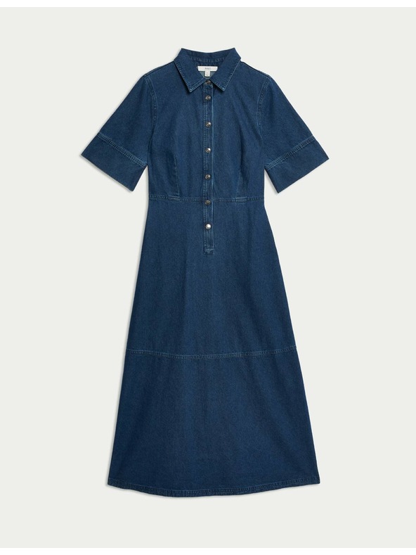 Marks & Spencer Džins srajčna midi obleka z gumbi spredaj Marks & Spencer mornarsko modra