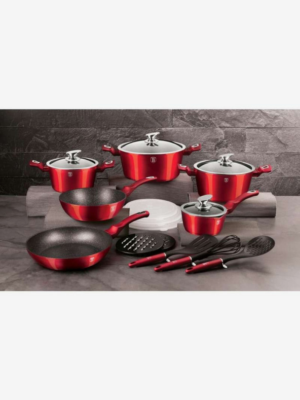 Berlingerhaus Garnitura posode z marmornato površino 18 kosov Burgundy Metallic Line BERLINGERHAUS