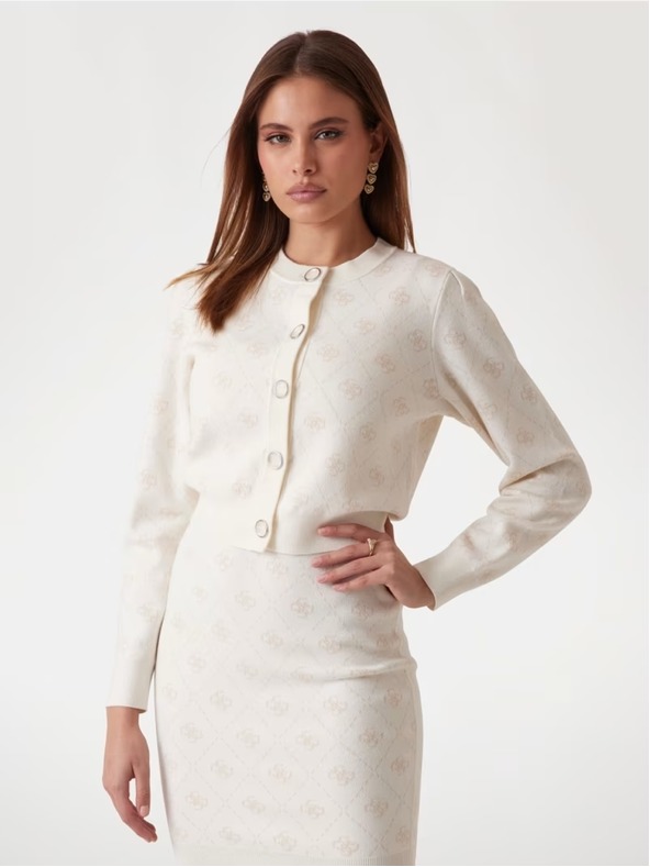 Guess Jeans Damski beli kardigan iz volnene mešanice z logom 4G Guess jeans