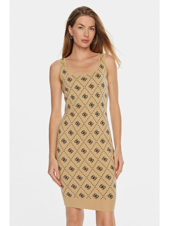 Guess Jeans Ženska bež mini obleka iz volnene mešanice z logotipom 4G Guess jeans