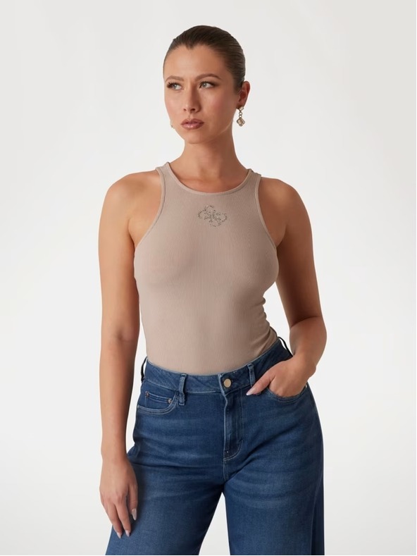 Guess Jeans Ženska svetlo rjava majica z logotipom 4G Guess jeans