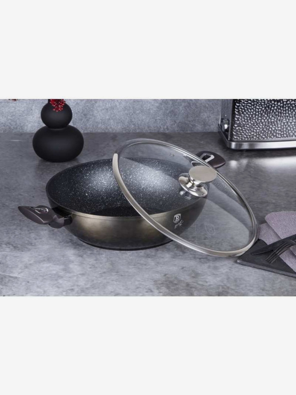 Berlingerhaus Ponev Wok s pokrovom z marmornato površino 30 cm Shiny Black Edition BERLINGERHAUS