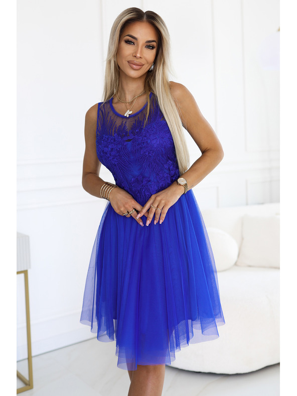 numoco 522-4 CATERINA Ženske obleke z guipure in tankim tiflom - barva plavice