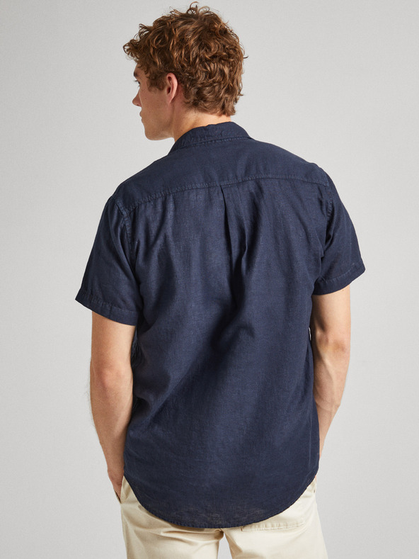 Pepe Jeans Temno modra moška lanena srajca s kratkimi rokavi Pepe Jeans