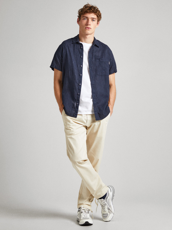 Pepe Jeans Temno modra moška lanena srajca s kratkimi rokavi Pepe Jeans