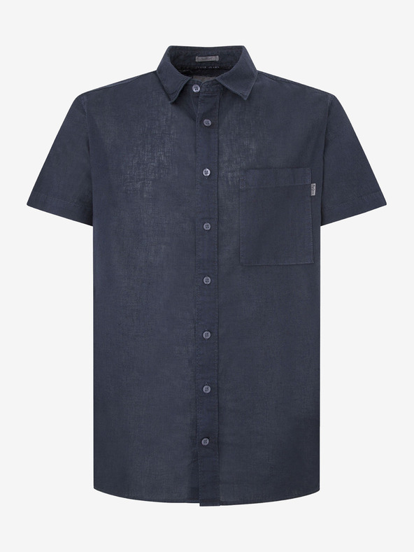 Pepe Jeans Temno modra moška lanena srajca s kratkimi rokavi Pepe Jeans