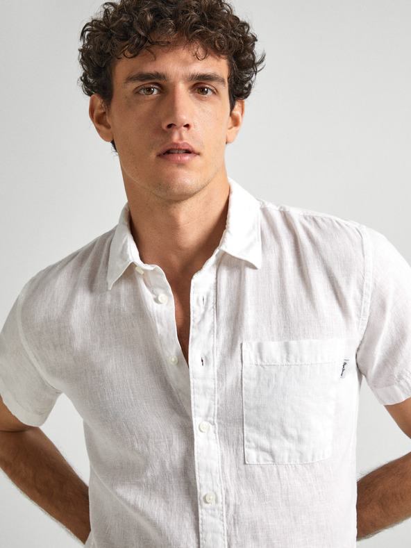 Pepe Jeans Bela moška lanena srajca s kratkimi rokavi Pepe Jeans