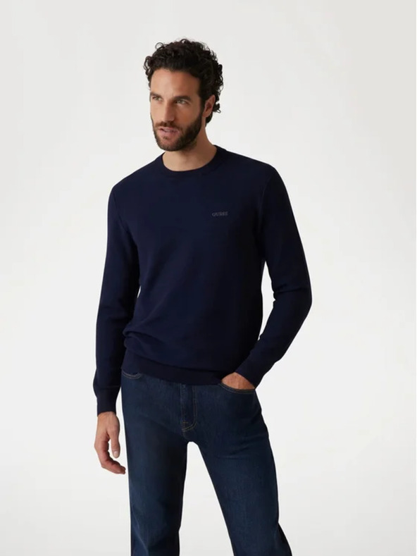 Guess Jeans Moški temno moder pulover z vezenim logotipom Guess jeans