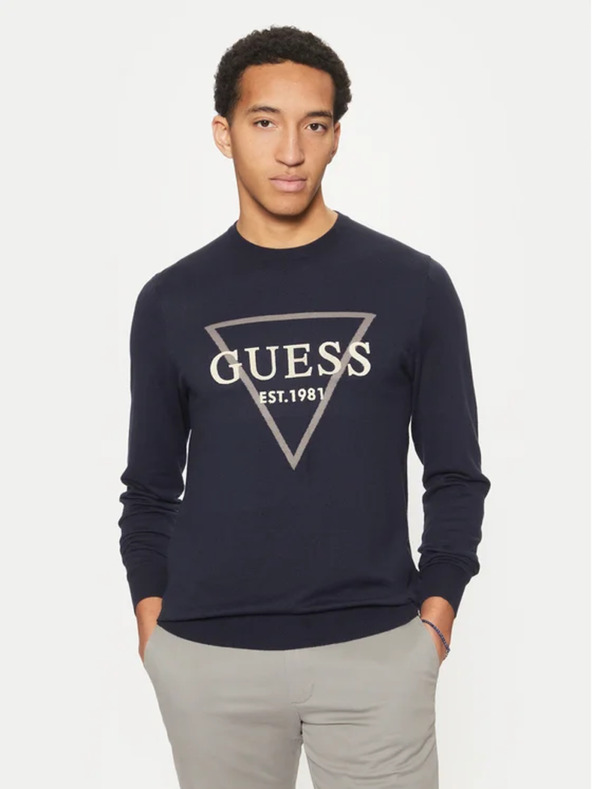 Guess Jeans Moški temno moder pulover big triangle logo Guess jeans