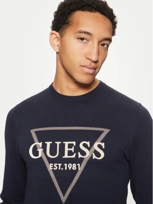 Guess Jeans Moški temno moder pulover big triangle logo Guess jeans