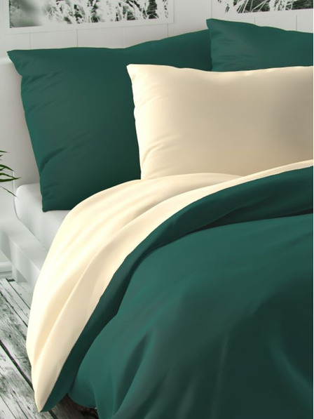 Kvalitex Saténové francúzske predĺžené posteľné obliečky LUXURY COLLECTION 1+2, 240x220, 70x90cm tmavozelené / smotanové