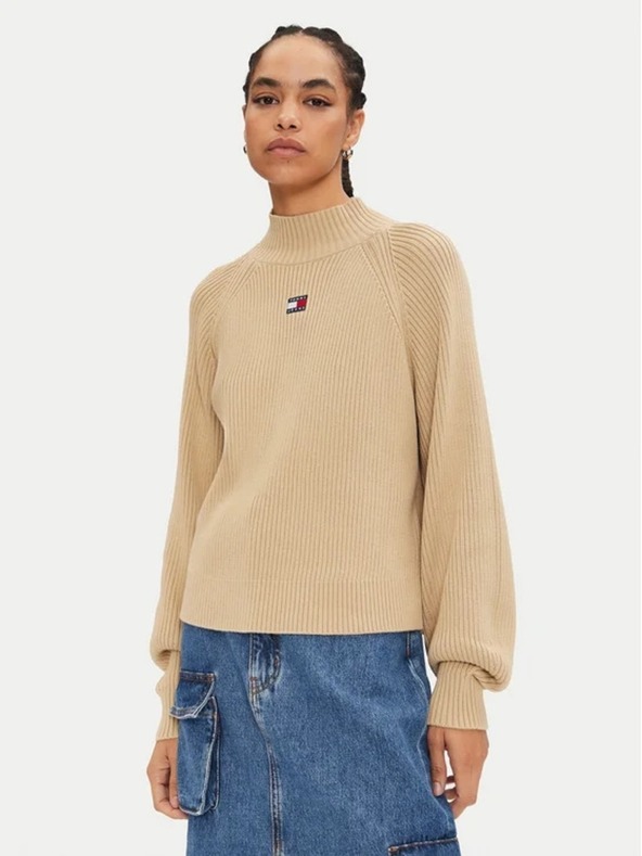 Tommy Jeans Ženska bež jopica Tommy Jeans Badge Rib-Knit Gentle Gold