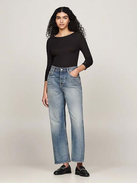 Tommy Hilfiger Ženska črna rebrasta tanka majica z dolgimi rokavi Tommy Hilfiger