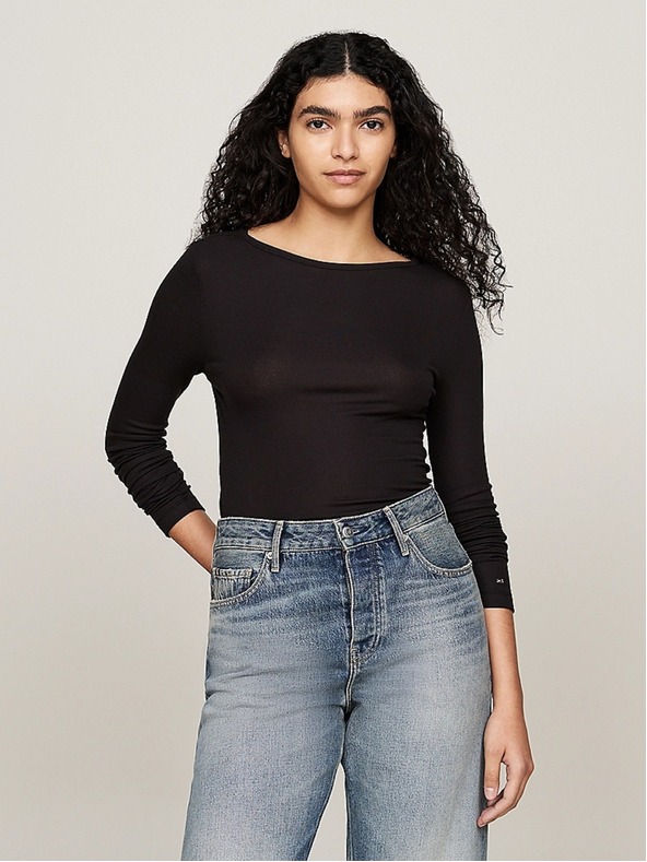 Tommy Hilfiger Ženska črna rebrasta tanka majica z dolgimi rokavi Tommy Hilfiger