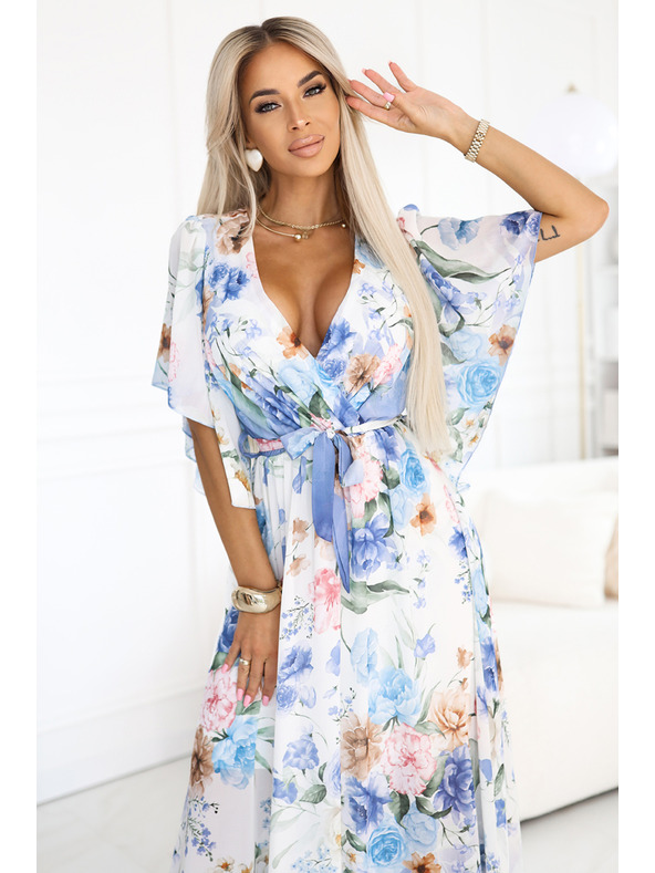 numoco Zračne zavezljive maksi obleke s cvetličnim vzorcem modre vrtnice