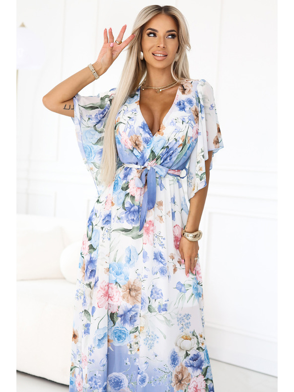 numoco Zračne zavezljive maksi obleke s cvetličnim vzorcem modre vrtnice