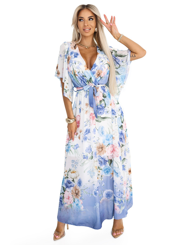 numoco Zračne zavezljive maksi obleke s cvetličnim vzorcem modre vrtnice