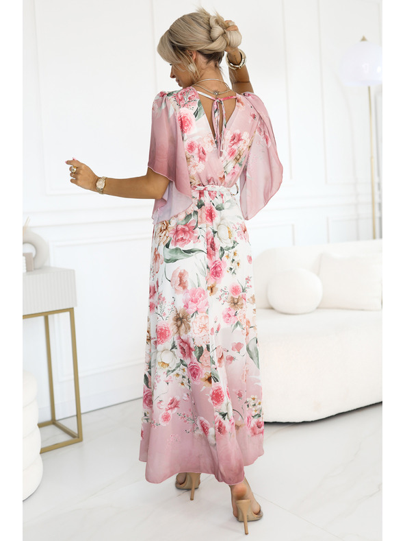 numoco Zračne zavezljive maksi obleke s cvetličnim vzorcem rožnate vrtnice