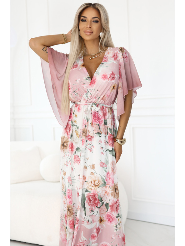 numoco Zračne zavezljive maksi obleke s cvetličnim vzorcem rožnate vrtnice
