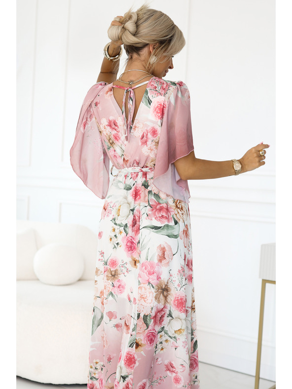 numoco Zračne zavezljive maksi obleke s cvetličnim vzorcem rožnate vrtnice