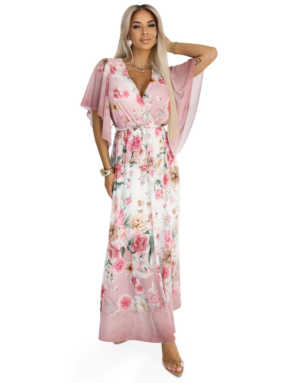 numoco Zračne zavezljive maksi obleke s cvetličnim vzorcem rožnate vrtnice