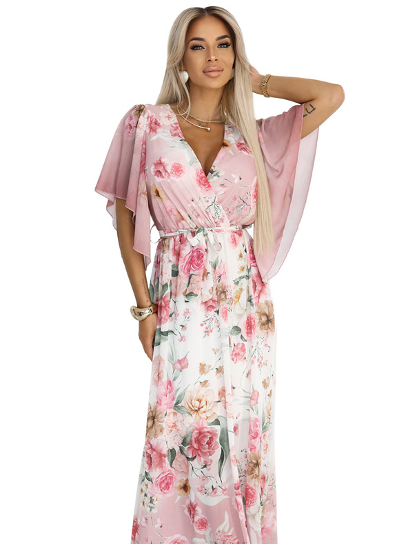 numoco Zračne zavezljive maksi obleke s cvetličnim vzorcem rožnate vrtnice