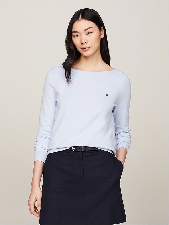 Tommy Hilfiger Ženska svetlo modra nežno pletena jopica z izrezom v obliki čolna Tommy Hilfiger