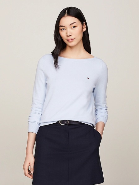 Tommy Hilfiger Ženska svetlo modra nežno pletena jopica z izrezom v obliki čolna Tommy Hilfiger