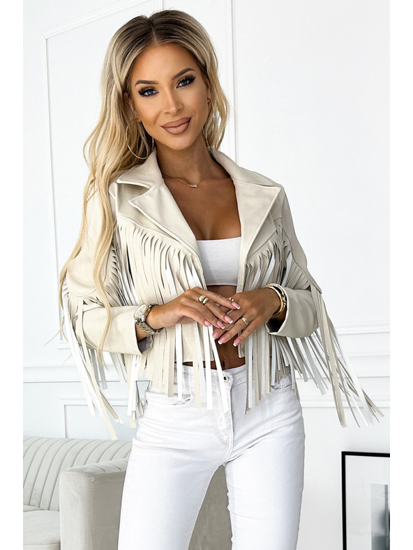 numoco Kratka bež jakna s trzmi iz fine eko usnje