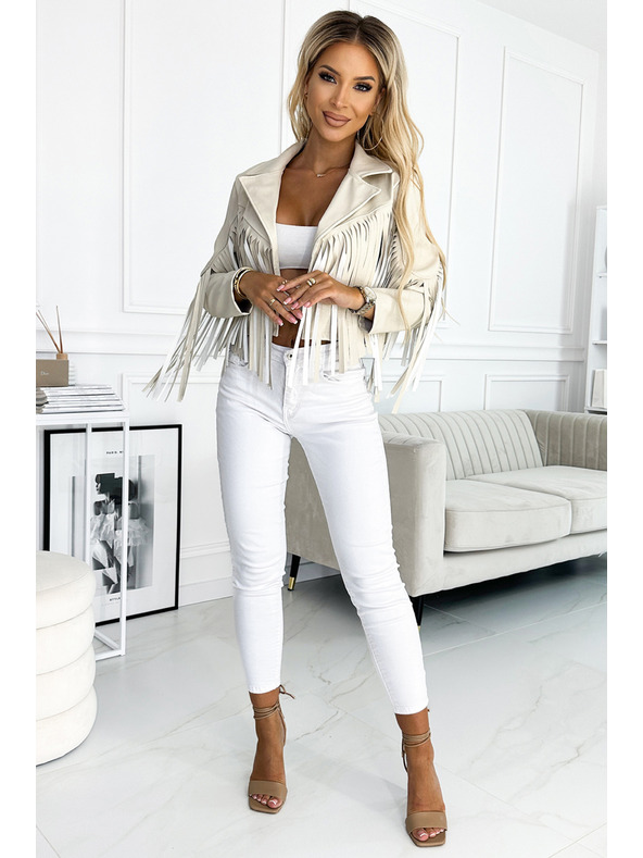 numoco Kratka bež jakna s trzmi iz fine eko usnje