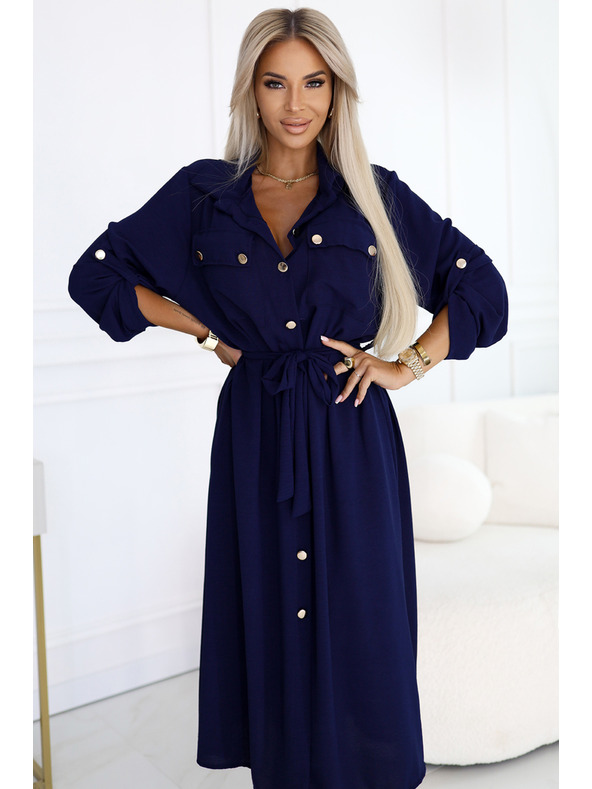 numoco Midi srajčna obleka z zlatimi gumbi in kravato