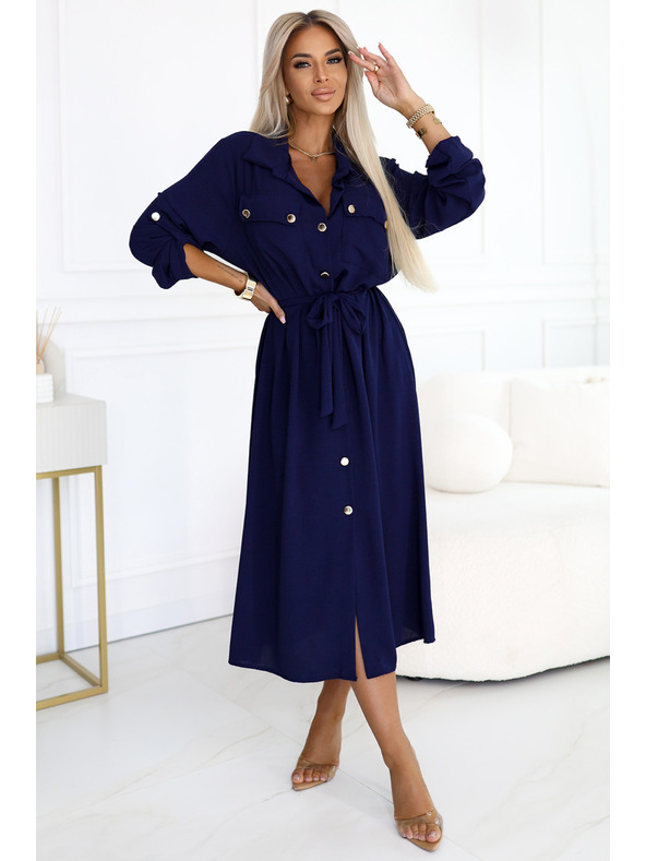 numoco Midi srajčna obleka z zlatimi gumbi in kravato