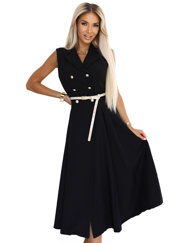 numoco Elegantna midi srajčna obleka z zlatimi gumbi in pasom