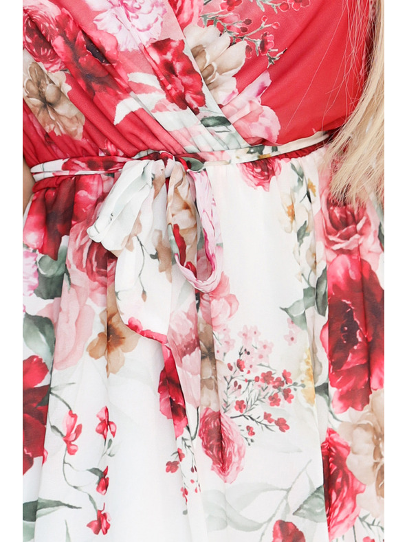 numoco Lahkotne preklopne maxi obleke z rdečim cvetličnim vzorcem vrtnic