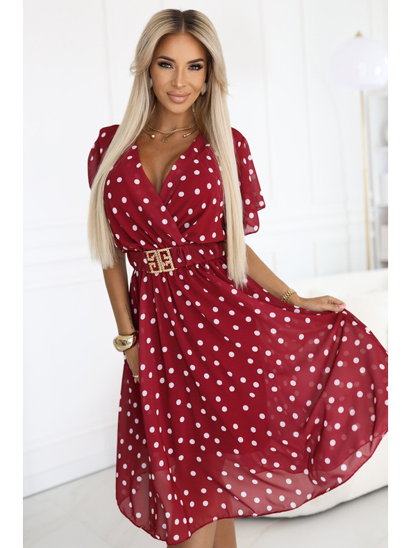 numoco Zapeljive vinsko rdeče obleke z belimi pikami in okrasnim pasom