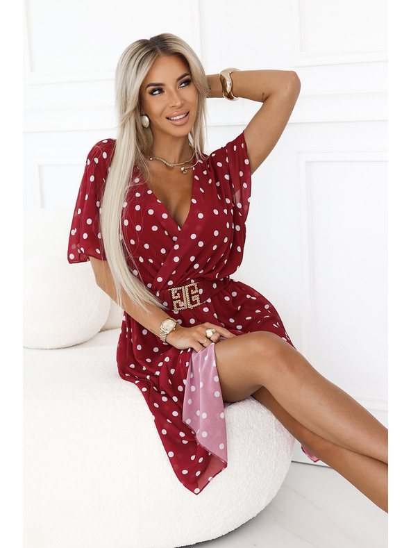 numoco Zapeljive vinsko rdeče obleke z belimi pikami in okrasnim pasom