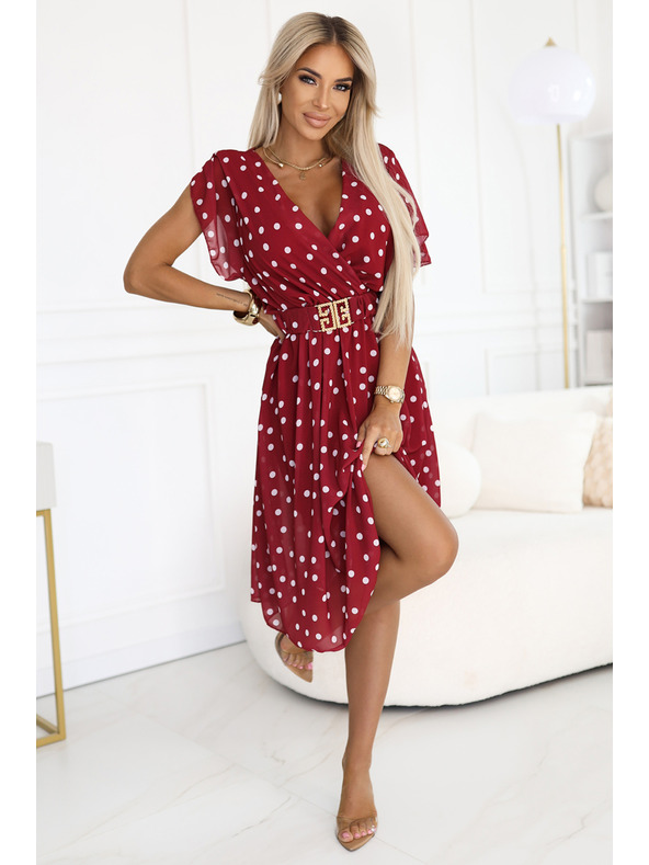 numoco Zapeljive vinsko rdeče obleke z belimi pikami in okrasnim pasom